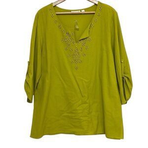 Susan Graver Tunic Top Woman’s Size Large Green Beaded Cotton Roll Tab Sleeves